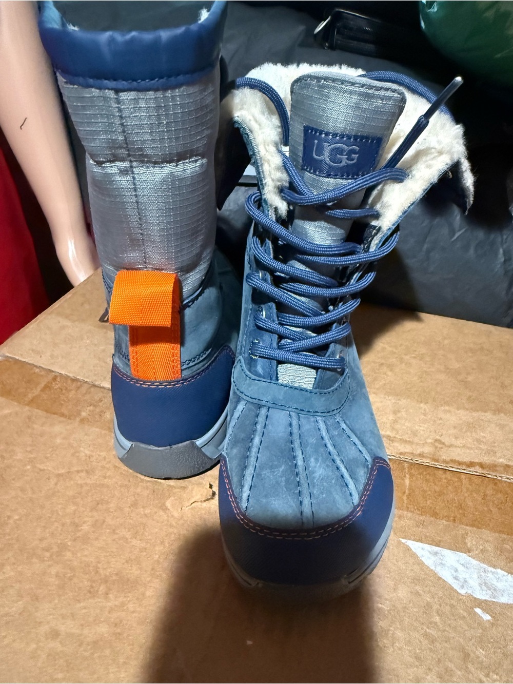 UGG Kids Navy Blue and Gray Snow Boots with Orange Loop waterproof